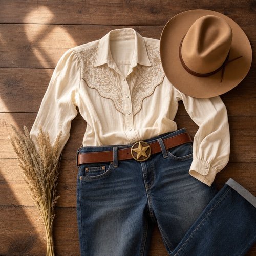 Western blouse, denim, leather belt, and felt hat styled in warm natural light