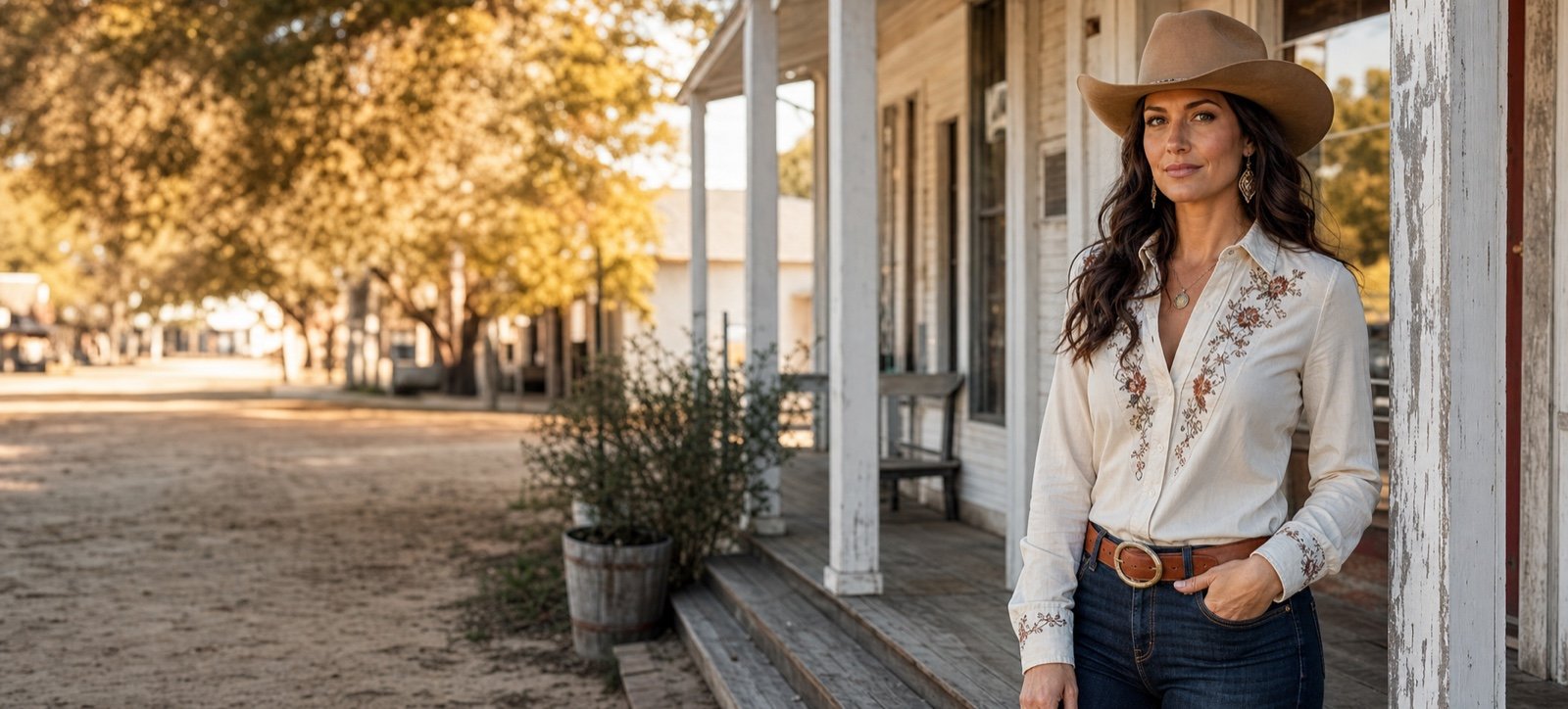 A woman wearing refined contemporary Western style in warm Georgia light