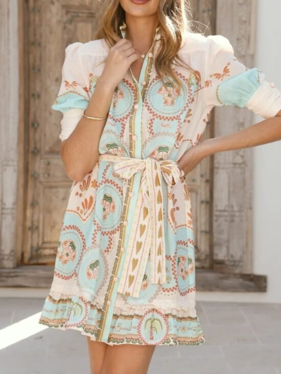 Boho Print Tie-Front Mini Dress | Poundton