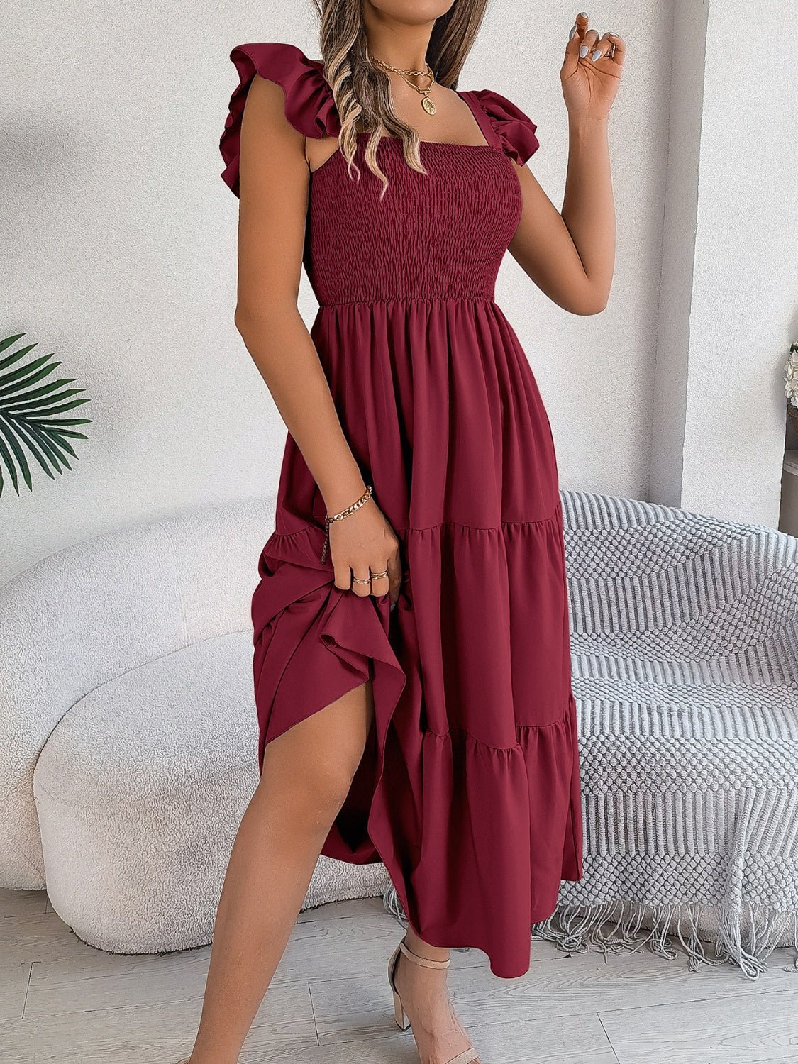 Smocked Square Neck Cap Sleeve Midi Dress - Image 20