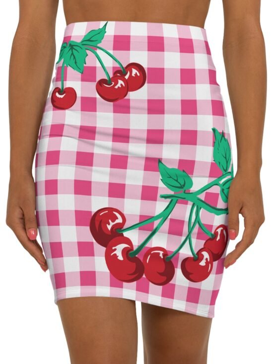 Women's 1990s Fitted Mini Skirt in Pink Gingham Vintage Cherries Print | Pinup Couture