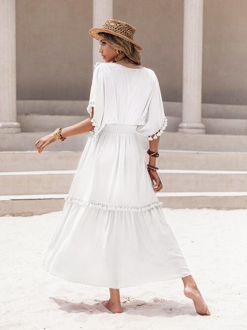 Tory Tassel Trim Smocked V-Neck Short Sleeve Dress | 6 Colors | Poundton - Image 10