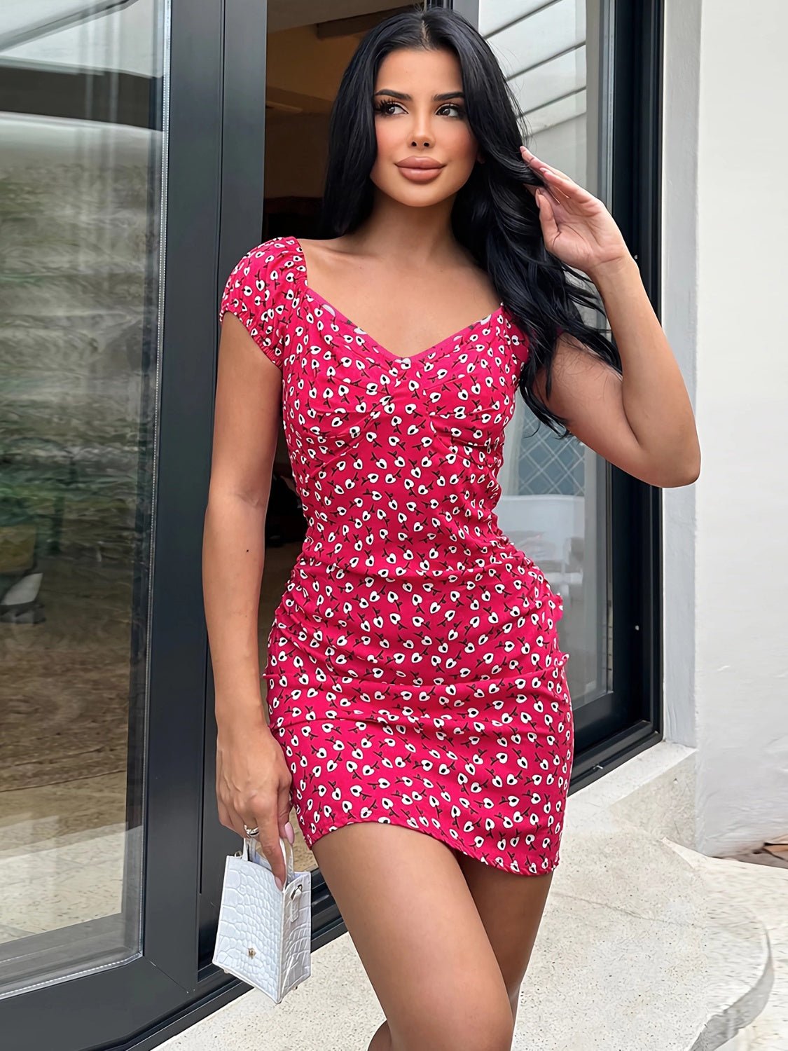 Printed V-Neck Short Sleeve Mini Dress - Image 2