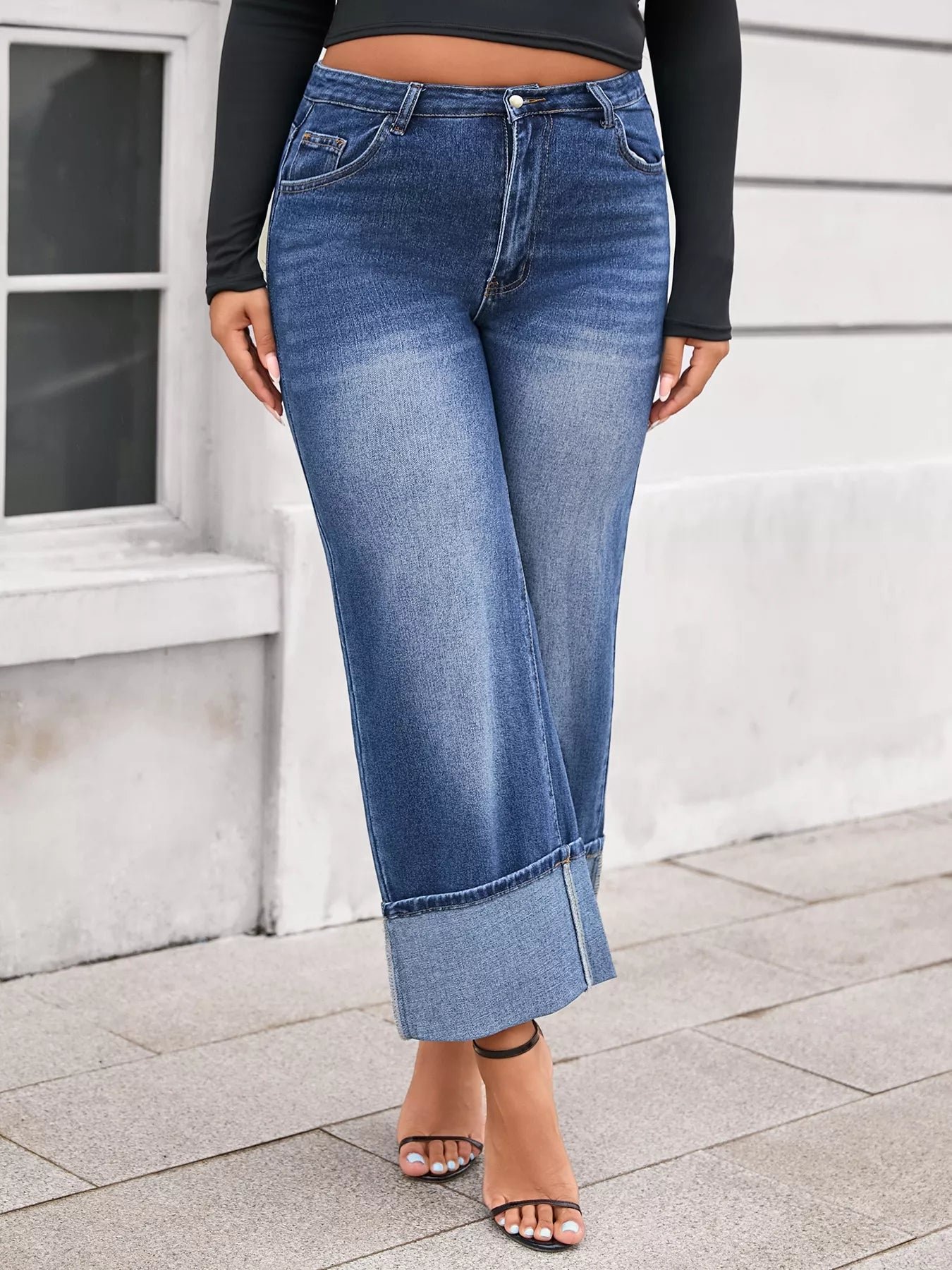 Plus Size High Waist Cuffed Wide Leg Jeans - Image 3