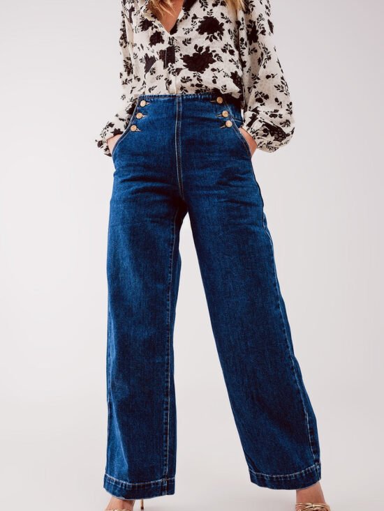 Button Front Nautical Wide Leg Denim Jeans in Mid Blue| Q2