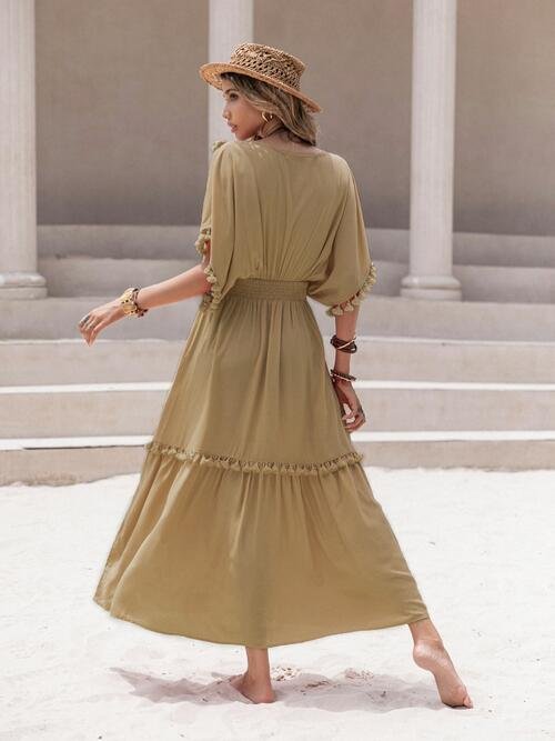 Tory Tassel Trim Smocked V-Neck Short Sleeve Dress | 6 Colors | Poundton - Image 11