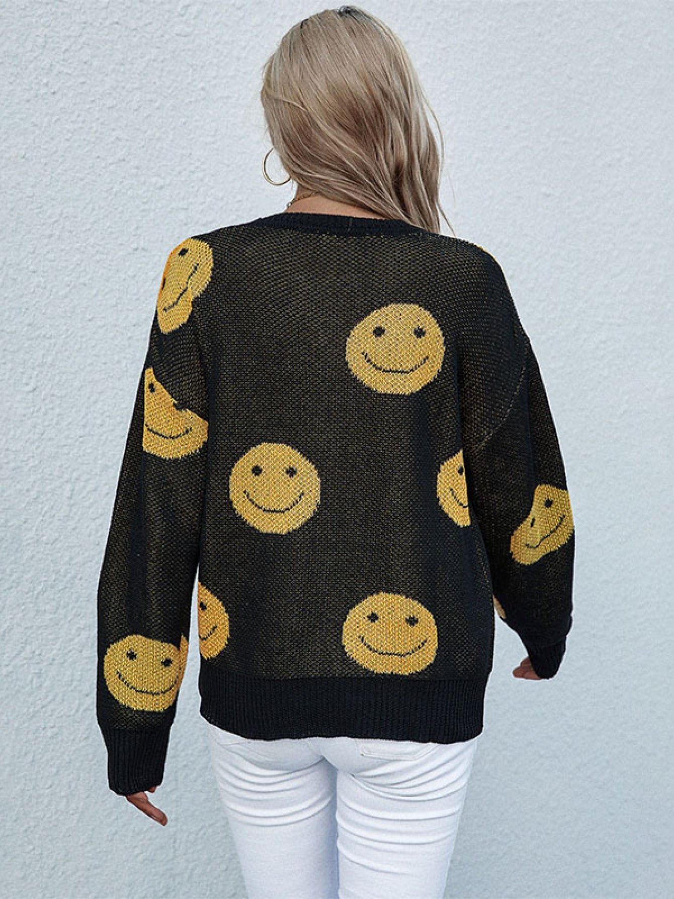 Have A Nice Day Smiley Face Black and Yellow Knit Sweater - Image 4