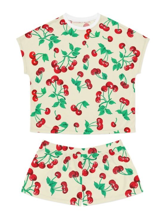 TGIF Sleepover PJs in Antique Ivory Cherry Girl Tee & Pajama Shorts-Set | Pinup Couture Relaxed