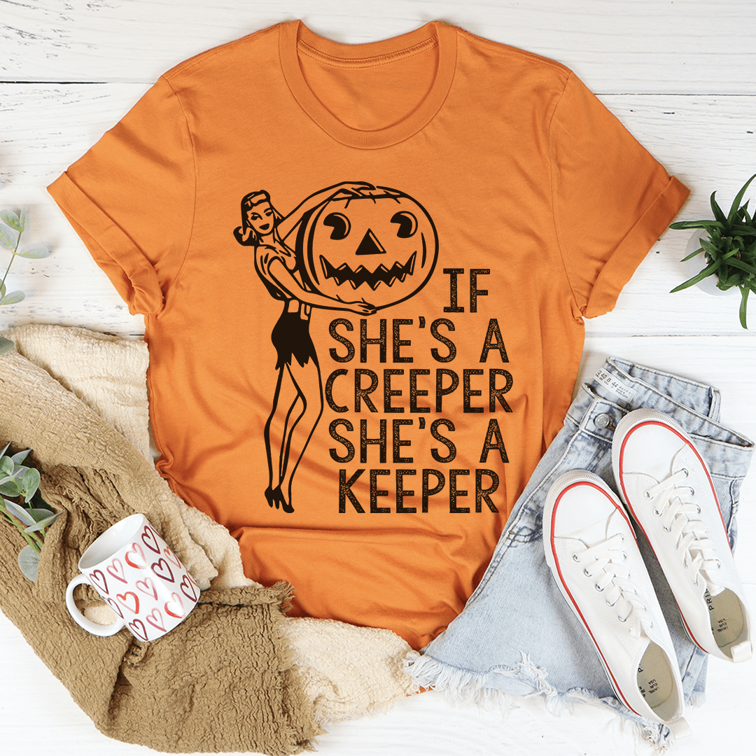 If She's a Creeper She's a Keeper Halloween Pinup Girl Graphic T-Shirt - Image 2