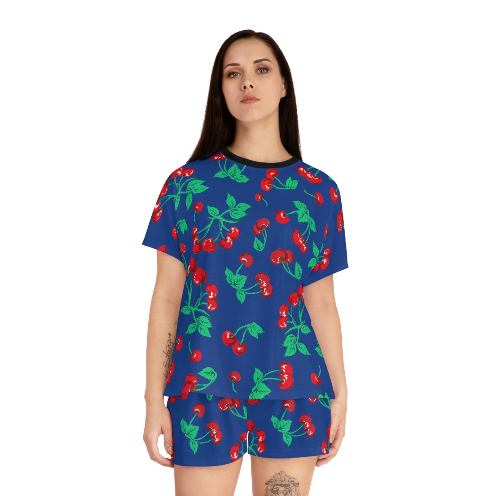 TGIF Sleepover PJs in Dark Blue Cherry Girl Tee & Pajama Shorts-Set | Pinup Couture Relaxed - Image 4