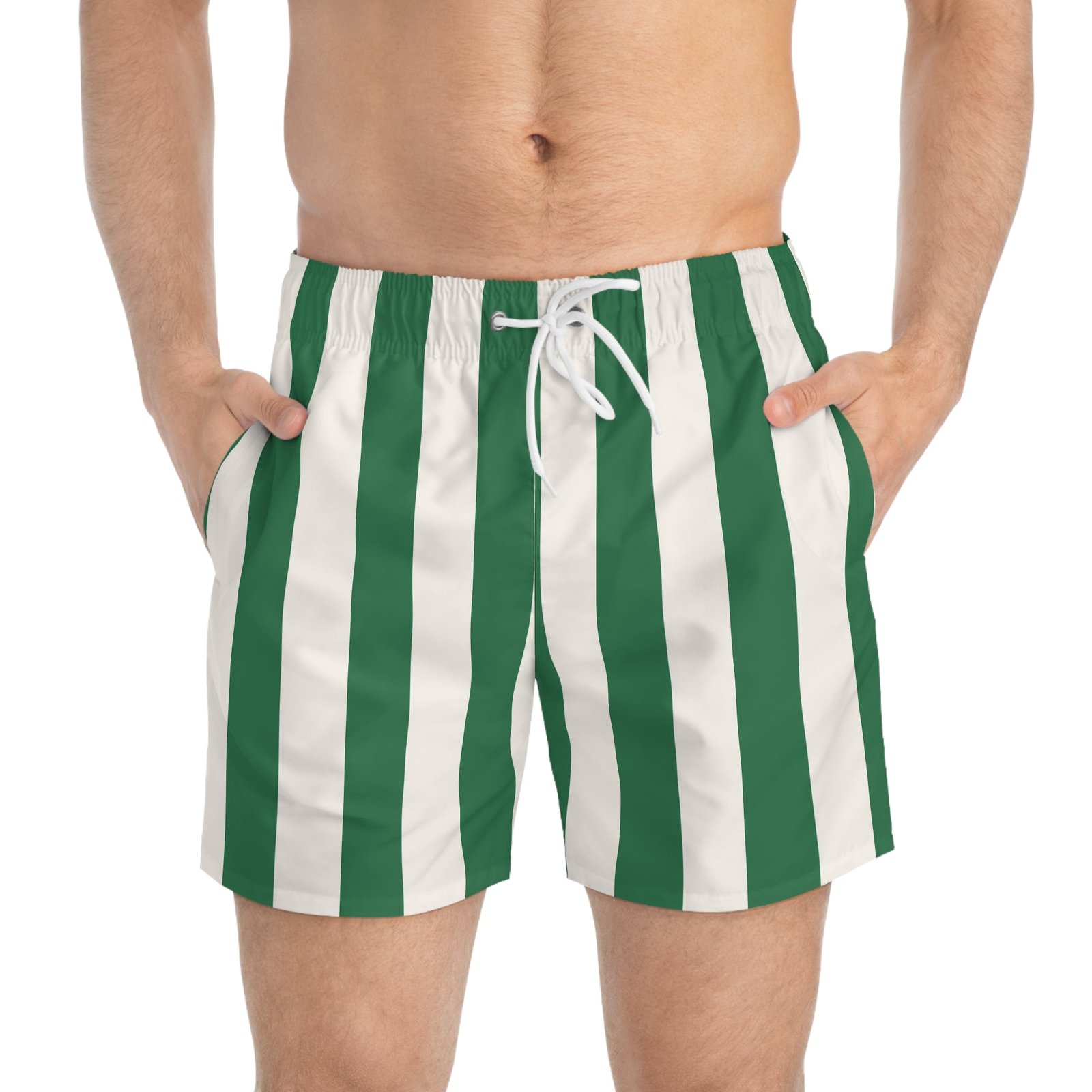 Green and White Mark Stripe Men's Swim Trunks | Pinup Couture Swim - Image 4