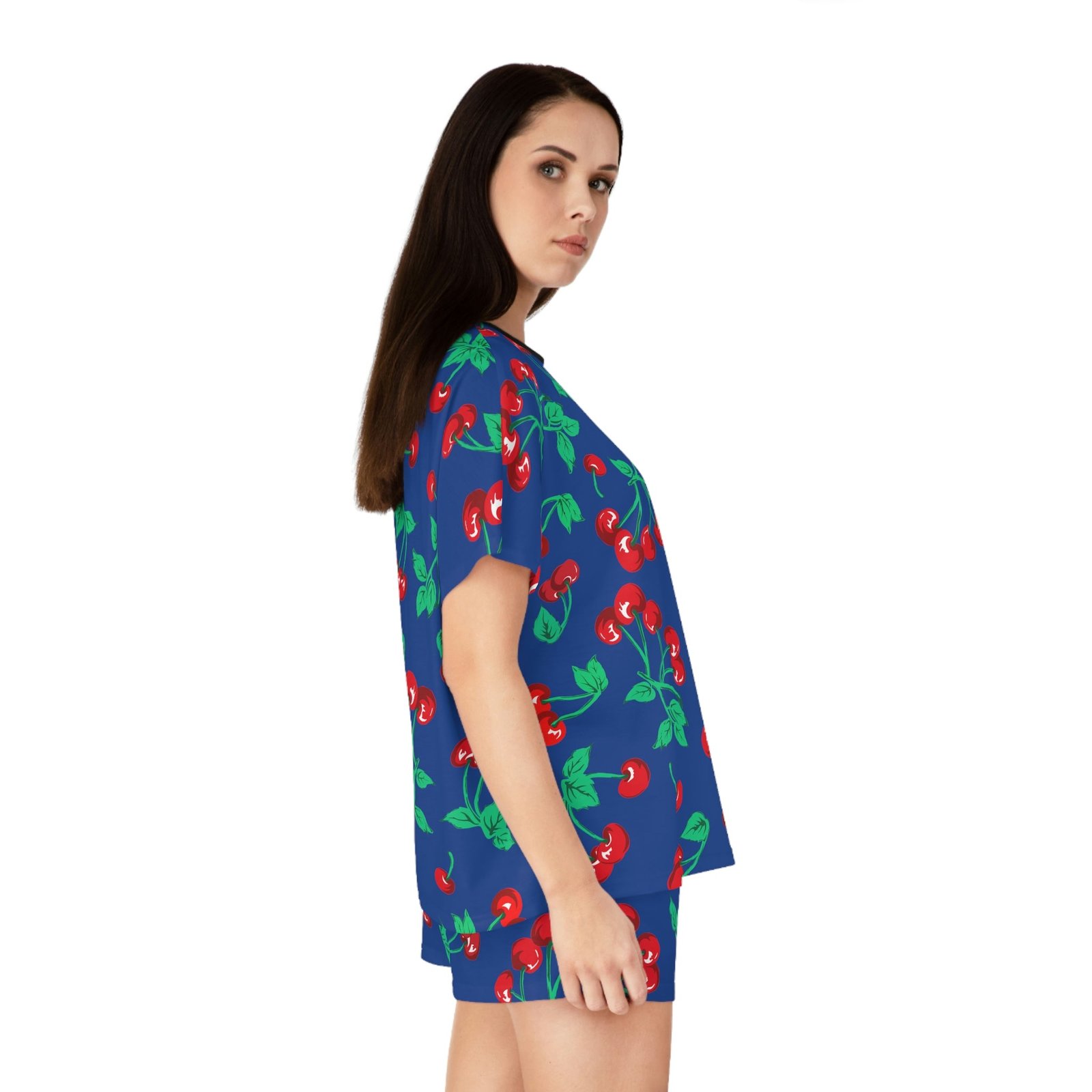 TGIF Sleepover PJs in Dark Blue Cherry Girl Tee & Pajama Shorts-Set | Pinup Couture Relaxed - Image 5