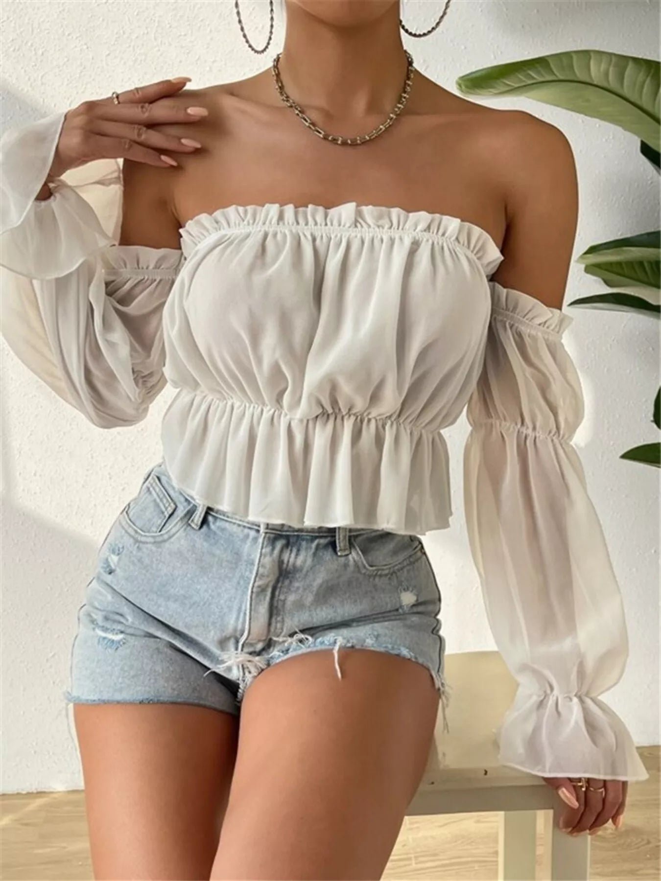 Victoria Sheer Ruffle Cropped Blouse | 3 Colors | Poundton - Image 4