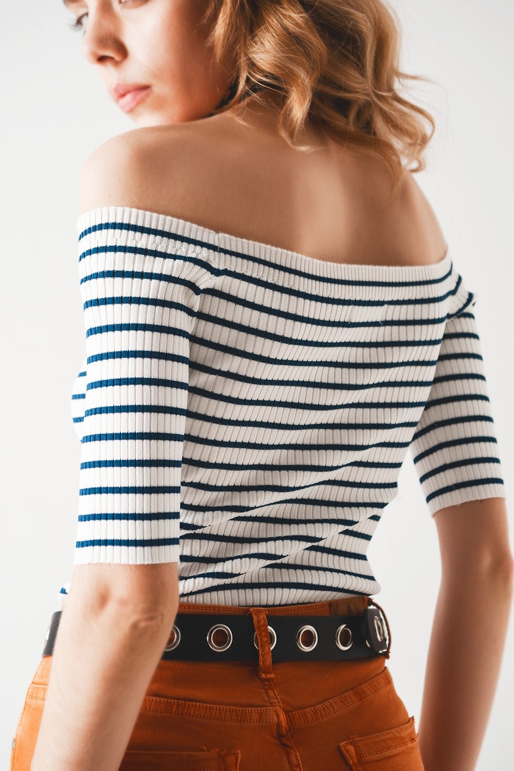 Bardot 60's Vintage Off-Shoulder Knit Top in Navy & White Stripe | Q2 - Image 2