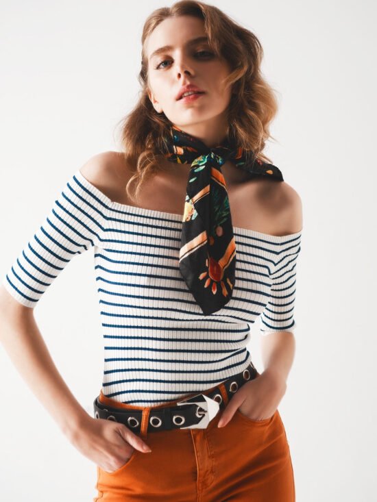 Bardot 60's Vintage Off-Shoulder Knit Top in Navy & White Stripe  | Q2