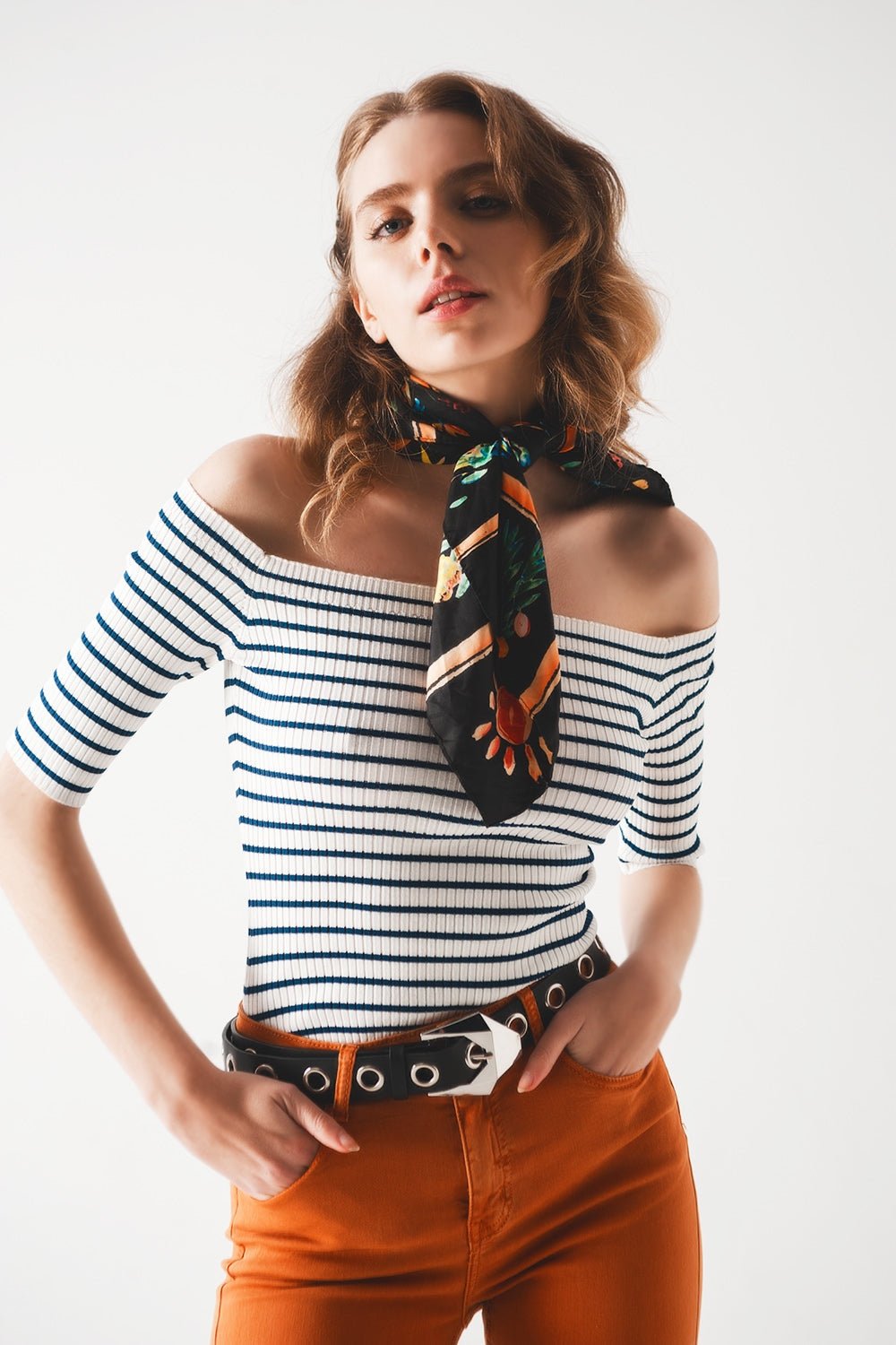 Bardot 60's Vintage Off-Shoulder Knit Top in Navy & White Stripe | Q2