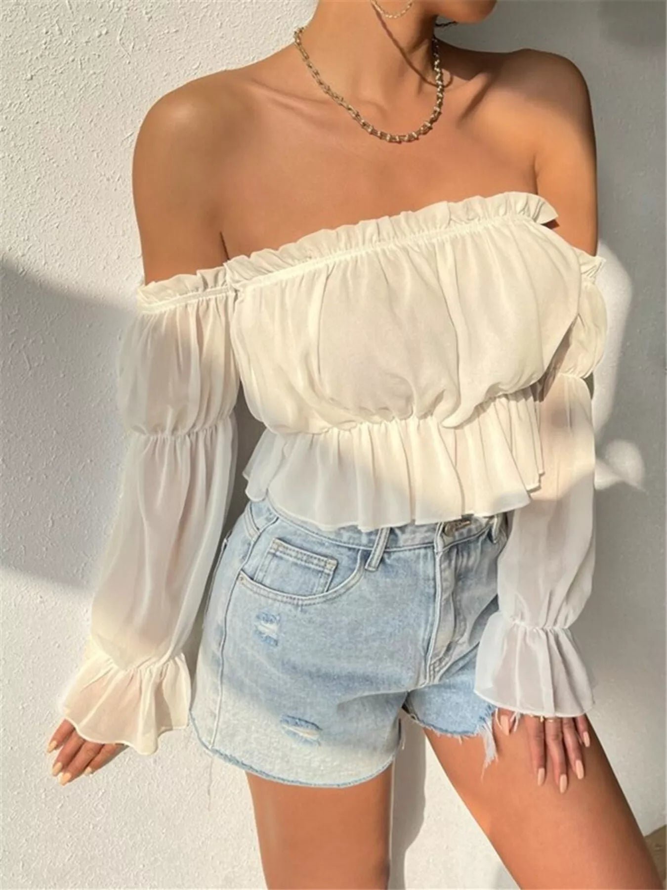 Victoria Sheer Ruffle Cropped Blouse | 3 Colors | Poundton - Image 9