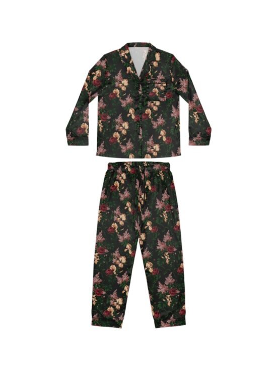 Pajama Game in Dark Bella Roses Satin 2 Piece Button Up PJ Set | Pinup Couture Relaxed