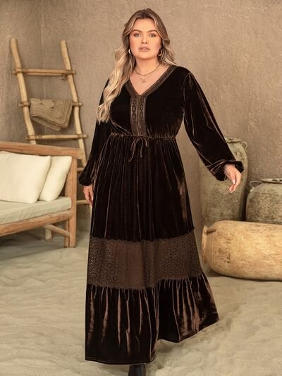 Anya Plus Size V-Neck Balloon Sleeve Maxi Dress in Chocolate Brown Velvet | Poundton - Image 4