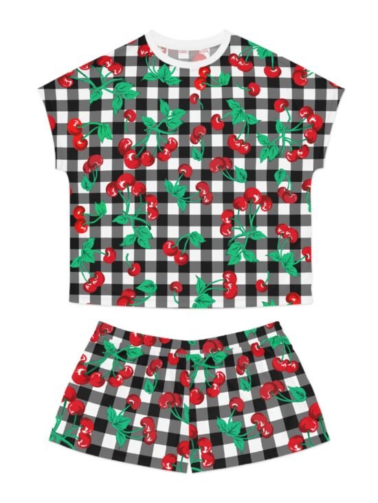 TGIF Sleepover PJs in Black & White Gingham Cherry Girl Tee & Pajama Shorts-Set | Pinup Couture Relaxed