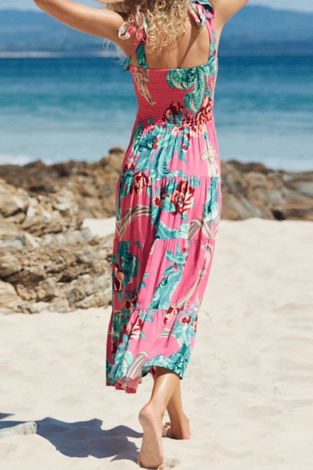 Messina Summer Floral Tie-Shoulder Dress in Pink & Turquoise - Image 2