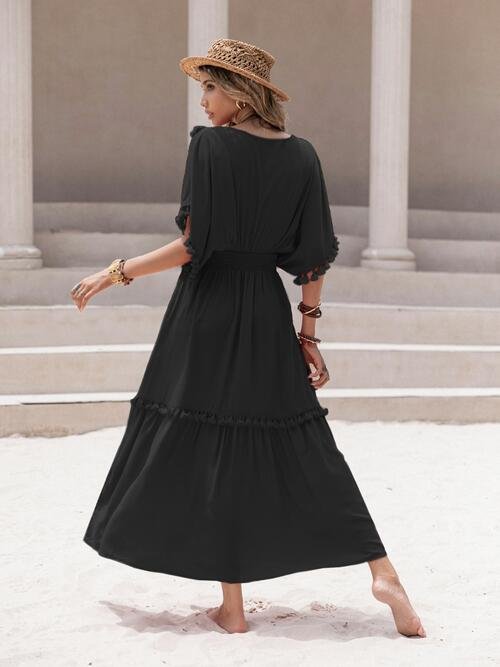 Tory Tassel Trim Smocked V-Neck Short Sleeve Dress | 6 Colors | Poundton - Image 9