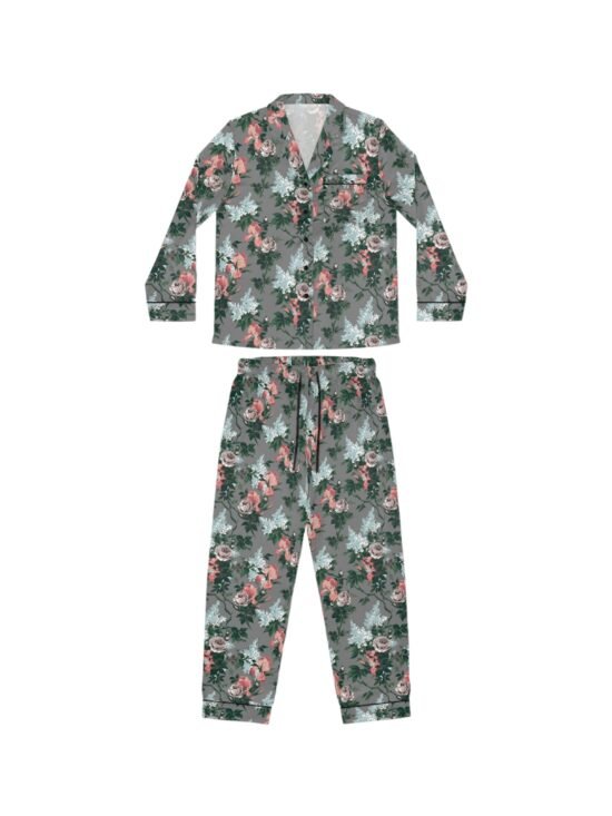 Pajama Game in J'adore Bella Roses Satin 2 Piece Button Up PJ Set | Pinup Couture Relaxed