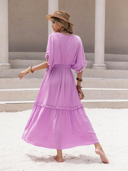 Tory Tassel Trim Smocked V-Neck Short Sleeve Dress | 6 Colors | Poundton - Image 13