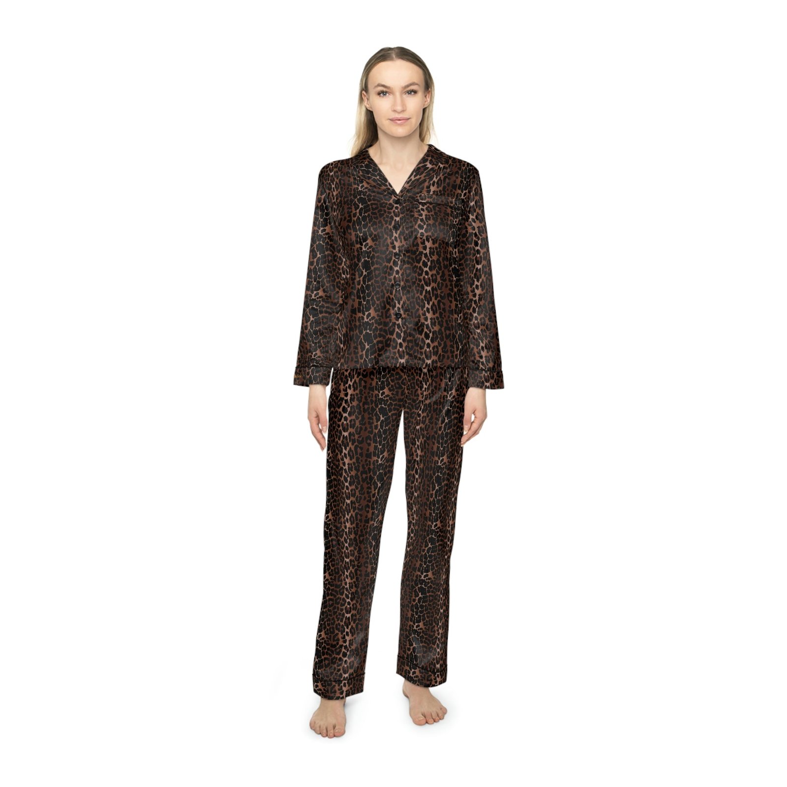Pajama Game in OG Leopard Satin 2 Piece Button Up PJ Set | Pinup Couture Relaxed - Image 2