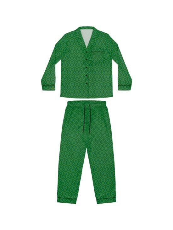 Pajama Game in Green Hotel Hexagon Satin 2 Piece Button Up PJ Set | Pinup Couture Relaxed