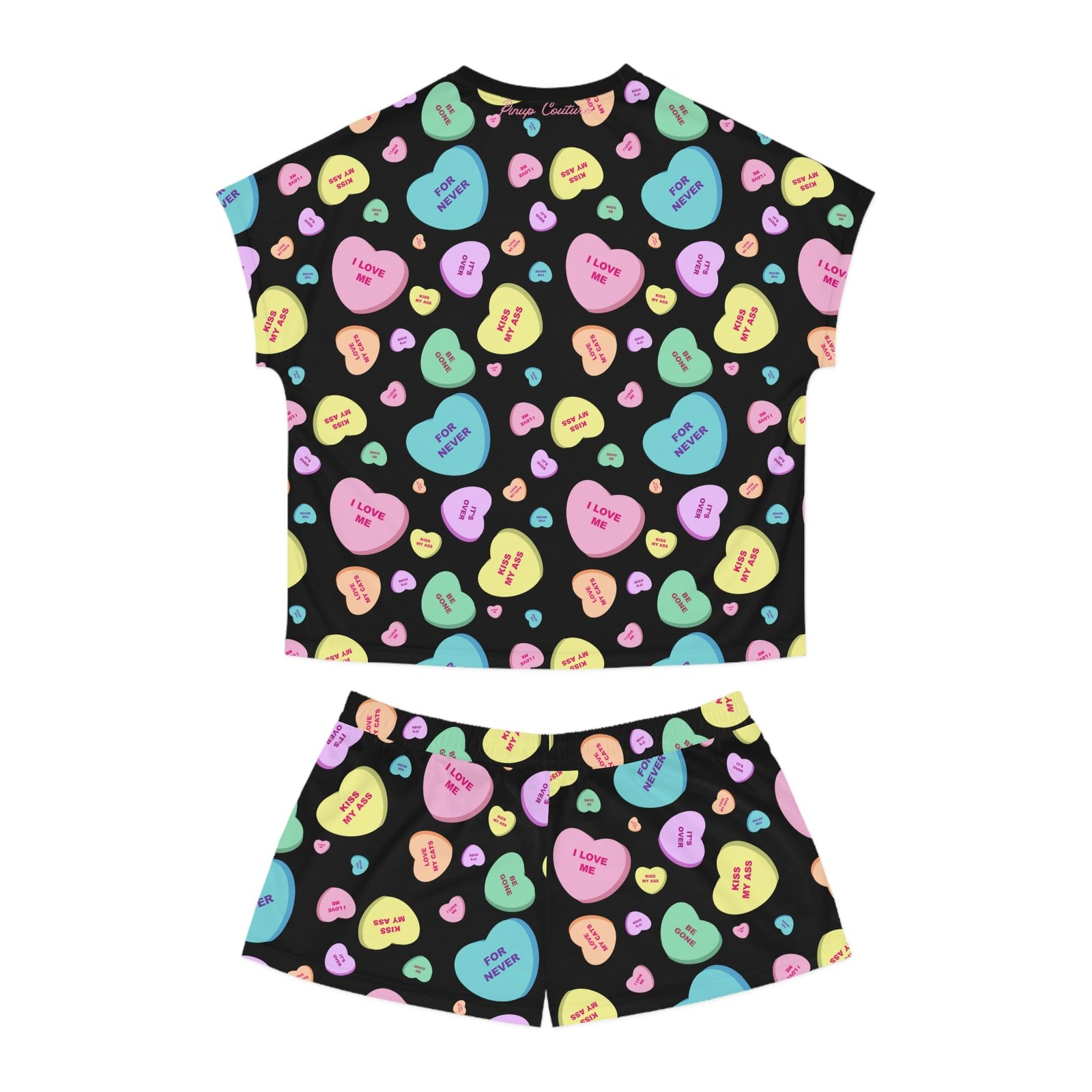 TGIF Sleepover PJs in Black Bitter Candy Hearts Tee & Pajama Shorts-Set | Pinup Couture Relaxed - Image 2