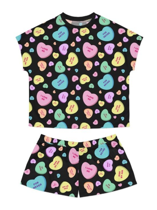 TGIF Sleepover PJs in Black Bitter Candy Hearts Tee & Pajama Shorts-Set | Pinup Couture Relaxed