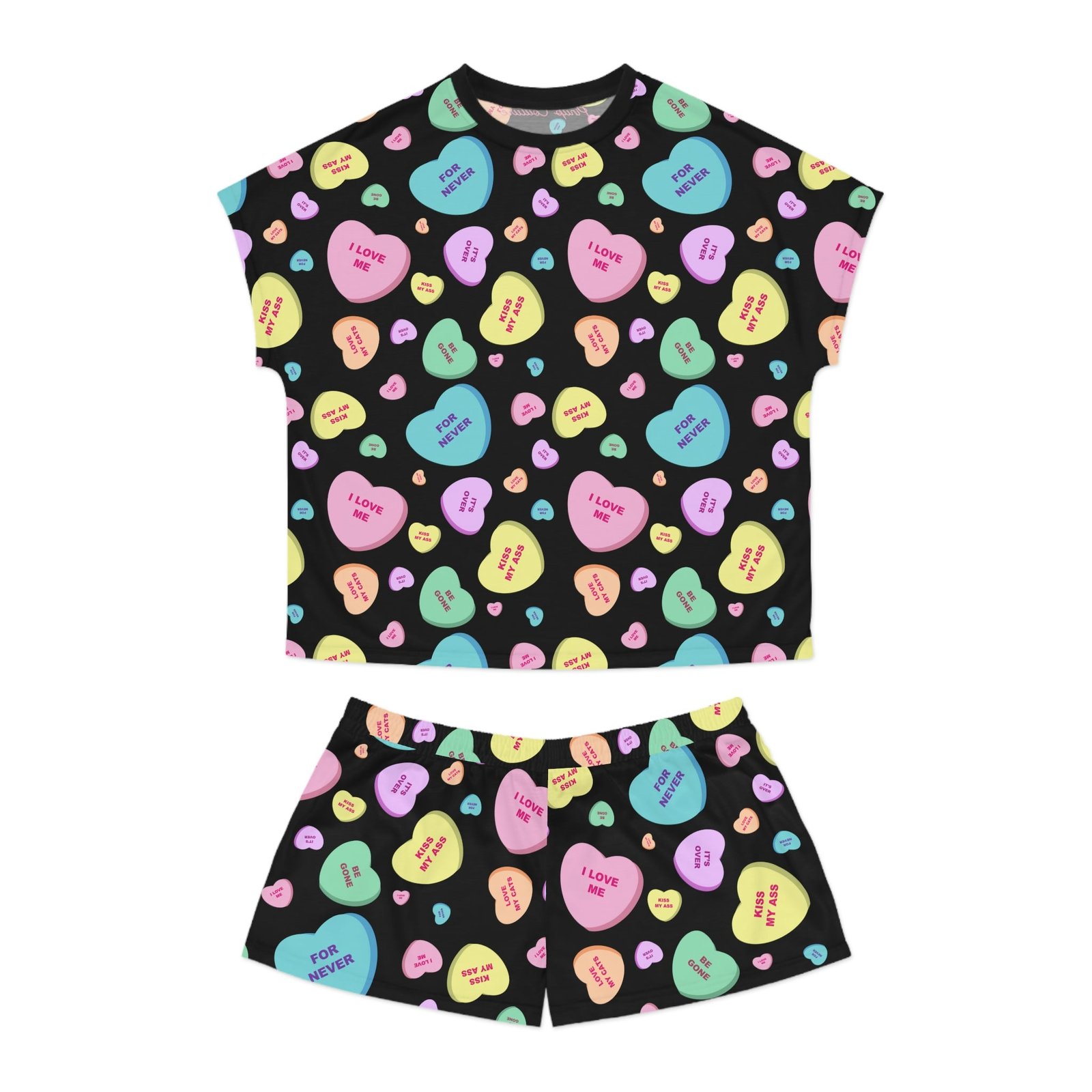 TGIF Sleepover PJs in Black Bitter Candy Hearts Tee & Pajama Shorts-Set | Pinup Couture Relaxed