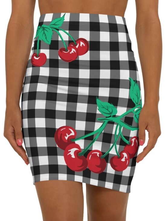 Women's 1990s Fitted Mini Skirt  in Black Gingham Vintage Cherries Print | Pinup Couture