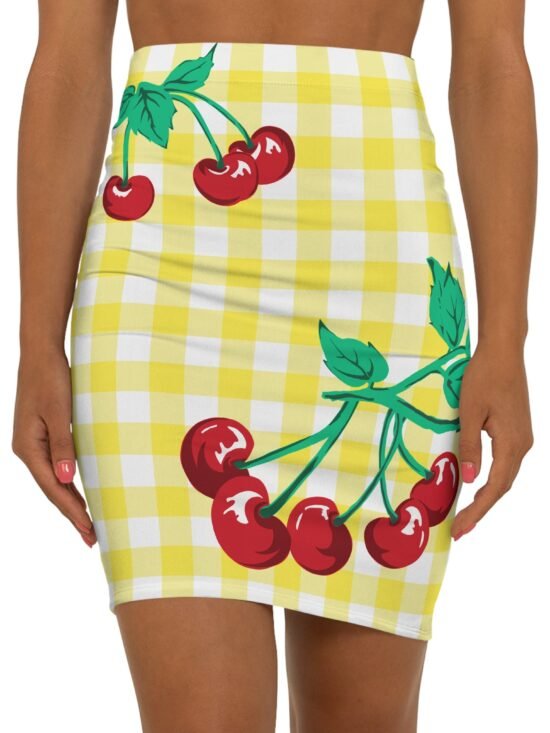 Women's 1990s Fitted Mini Skirt  in Yellow Gingham Vintage Cherries Print | Pinup Couture