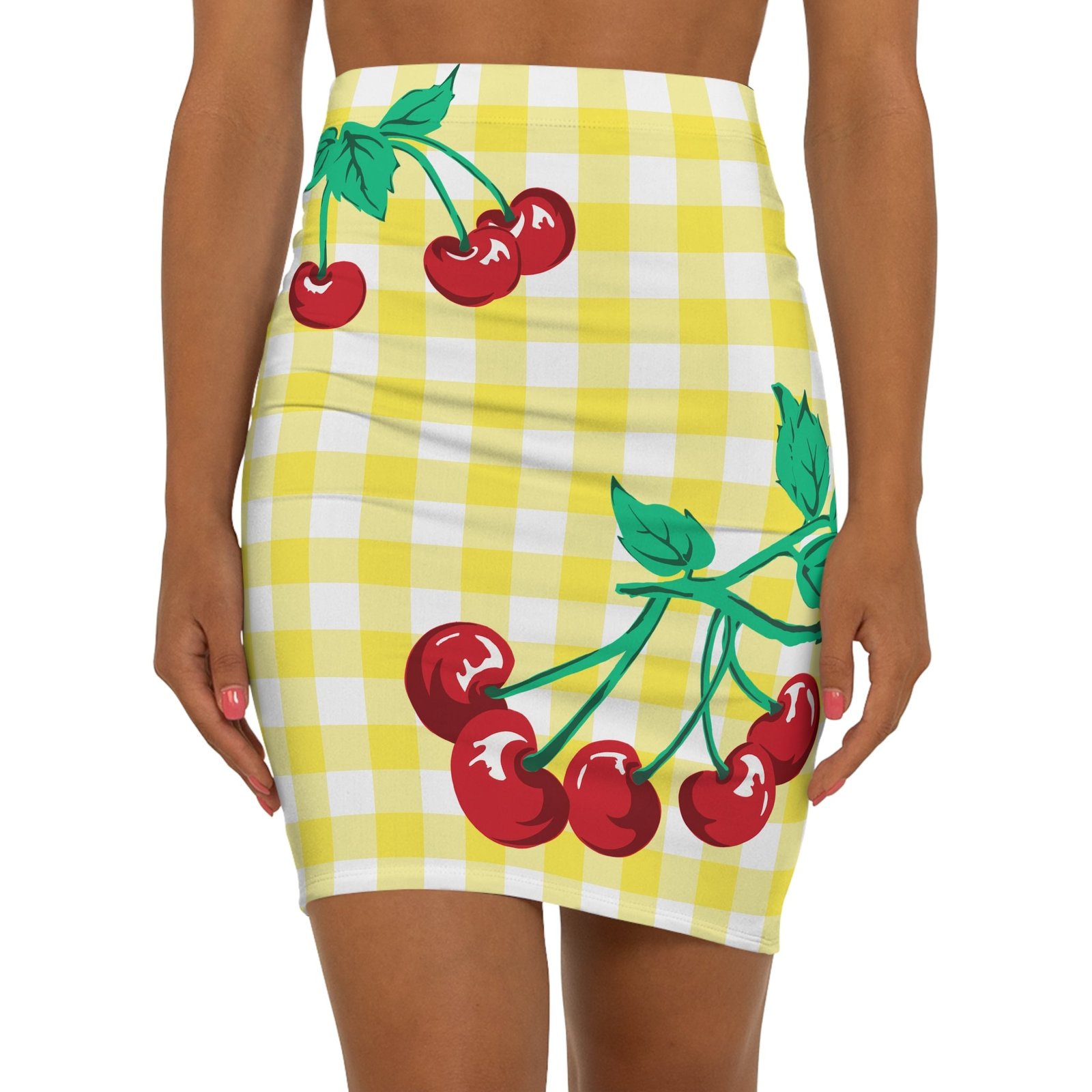 Women's 1990s Fitted Mini Skirt in Yellow Gingham Vintage Cherries Print | Pinup Couture - Image 3