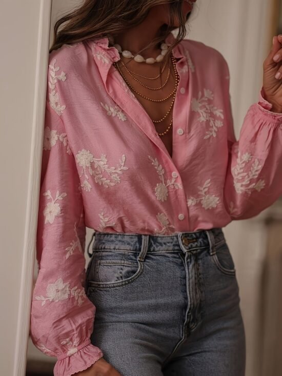 Floral Embroidered Ruffle-Cuff Blouse | 2 Colors | Poundton
