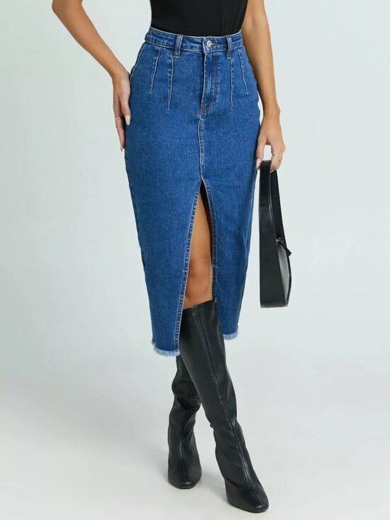 High-Waisted Slit Denim Skirt | Poundton