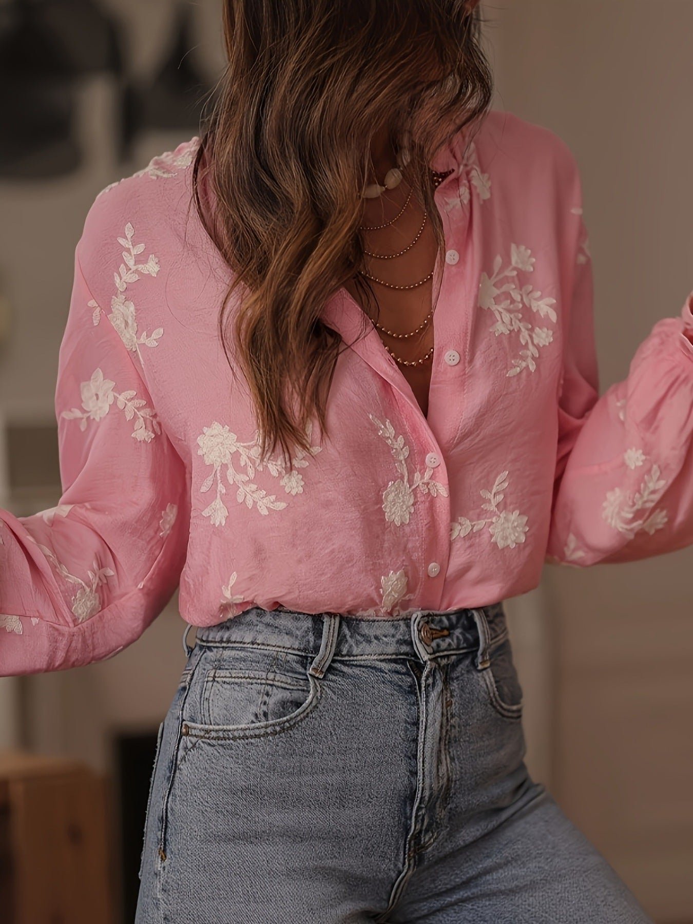 Floral Embroidered Ruffle-Cuff Blouse | 2 Colors | Poundton - Image 3