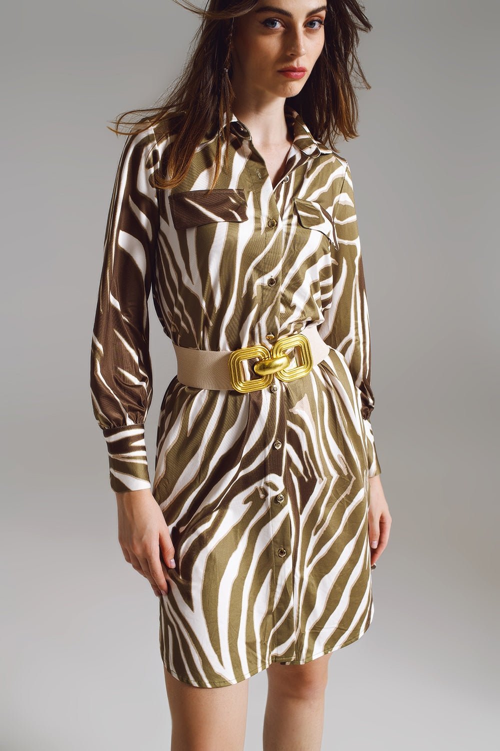 Safari 60s Mini Shirt Dress in White and Olive Green Zebra Print | Q2 - Image 3