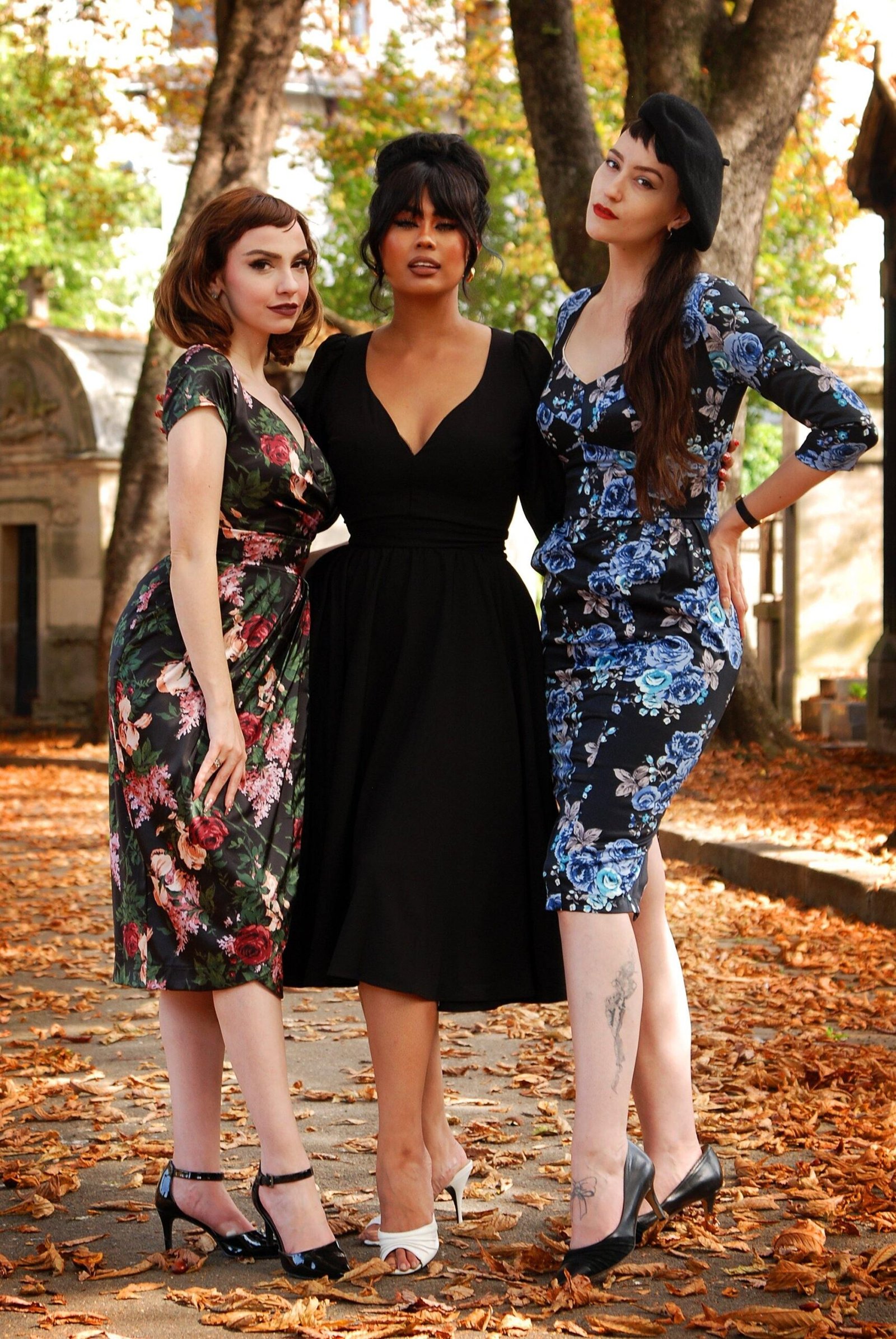 Mona Vintage Vamp Wiggle Dress in Gothic Blue Roses Satin | Pinup Couture - Image 6