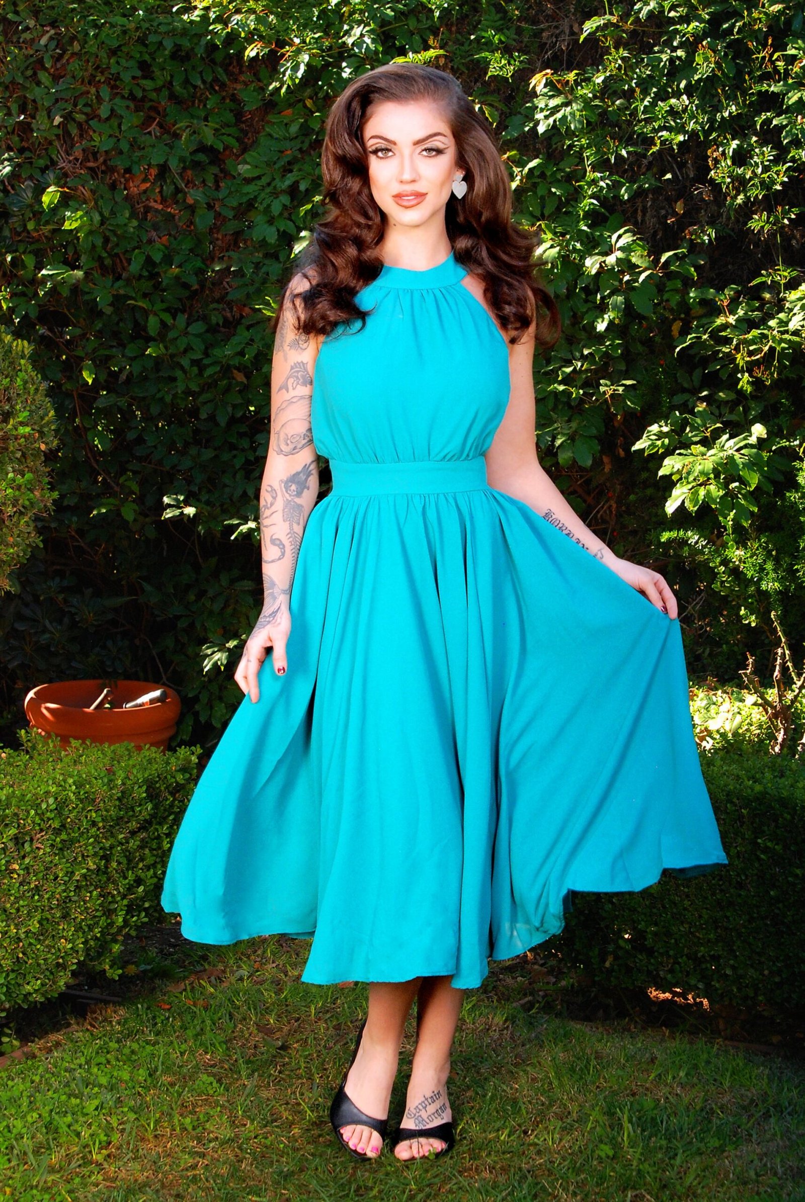 Maybelle Gathered Swing Dress in Solid Jade | Laura Byrnes - Image 2