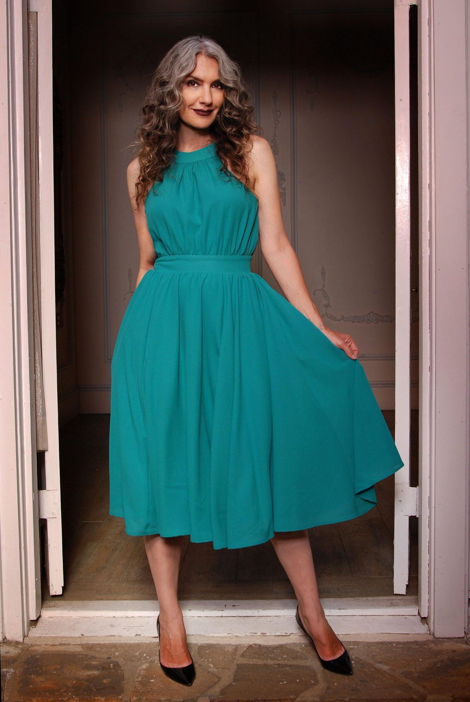Maybelle Gathered Swing Dress in Solid Jade | Laura Byrnes - Image 4