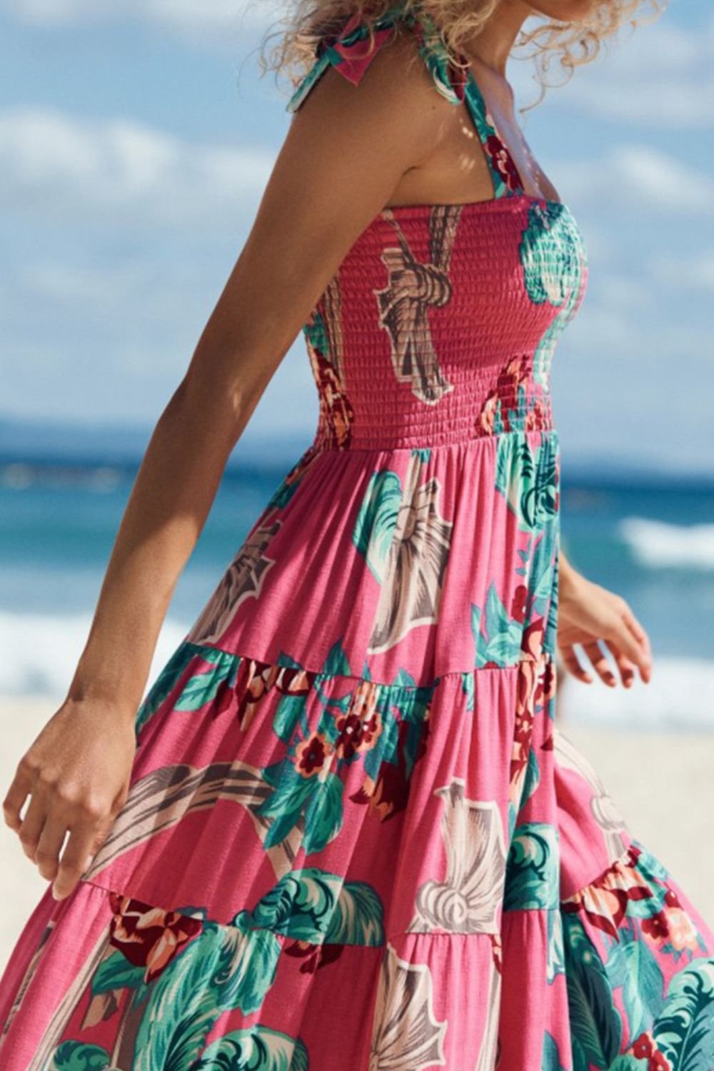 Messina Summer Floral Tie-Shoulder Dress in Pink & Turquoise - Image 3