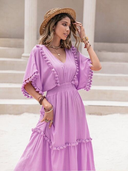 Tory Tassel Trim Smocked V-Neck Short Sleeve Dress | 6 Colors | Poundton - Image 5