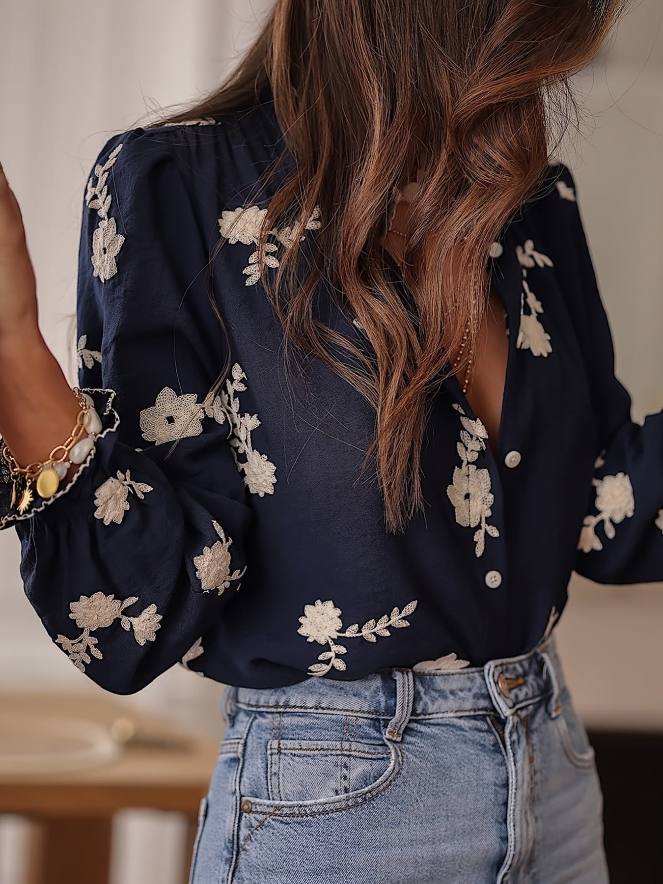 Floral Embroidered Ruffle-Cuff Blouse | 2 Colors | Poundton - Image 9