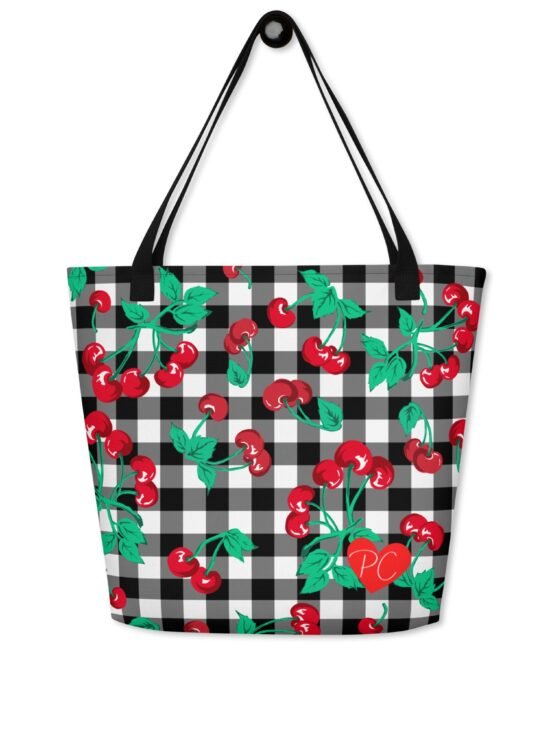Bethany Cherry Girl Black Gingham Print Oversized Tote Bag | Pinup Couture Relaxed