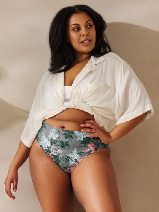 J'Adore Grey Bella Roses Recycled High-Waisted Bikini Bottom | Pinup Couture Relaxed