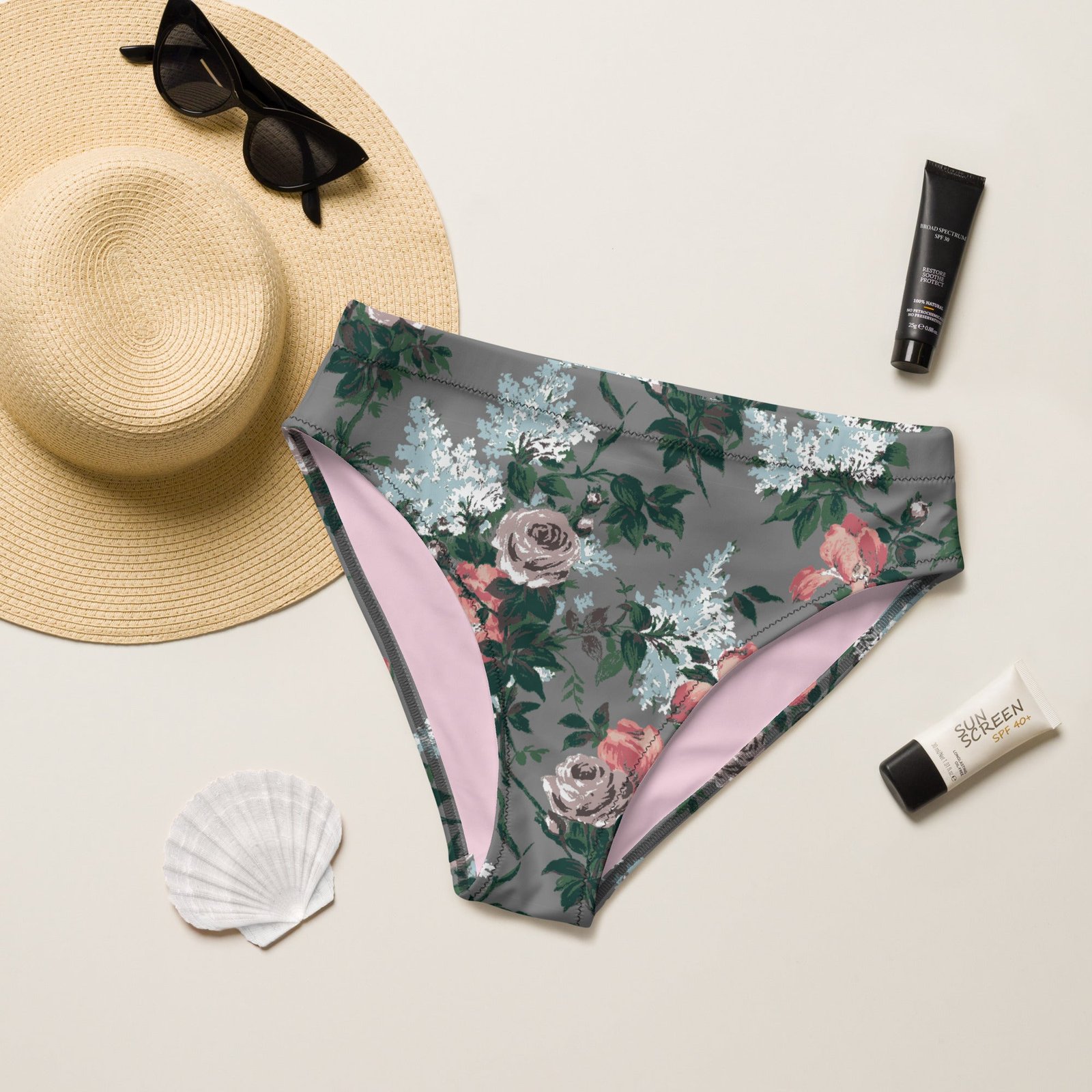 J'Adore Grey Bella Roses Recycled High-Waisted Bikini Bottom | Pinup Couture Relaxed - Image 10