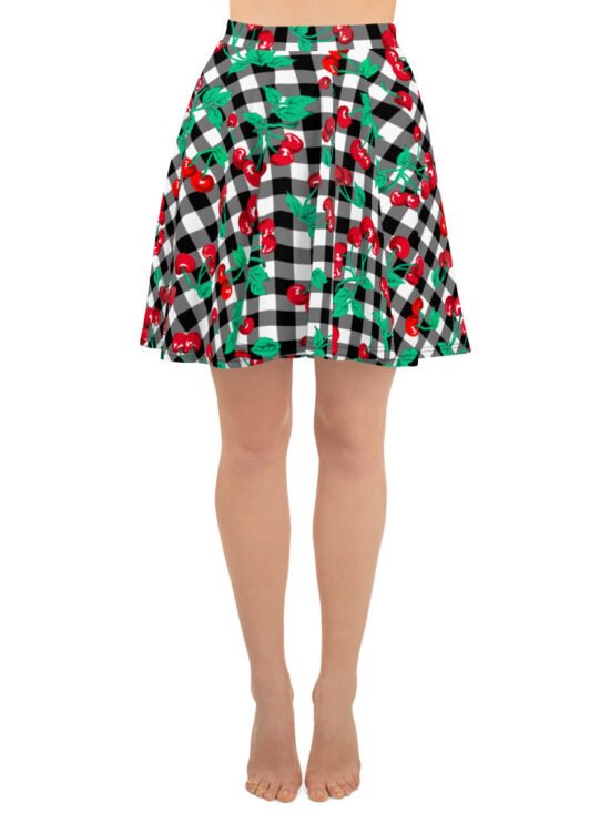 Frenchie Beach Coverup Swim Skater Skirt in Black Gingham Cherry Girl | Pinup Couture Swim